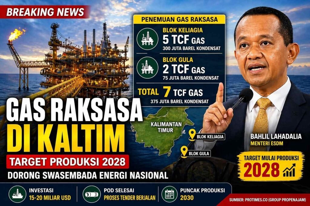 Menteri ESDM Bahlil umumkan temuan gas raksasa 7 TCF di Kaltim, target produksi 2028 dorong swasembada energi.